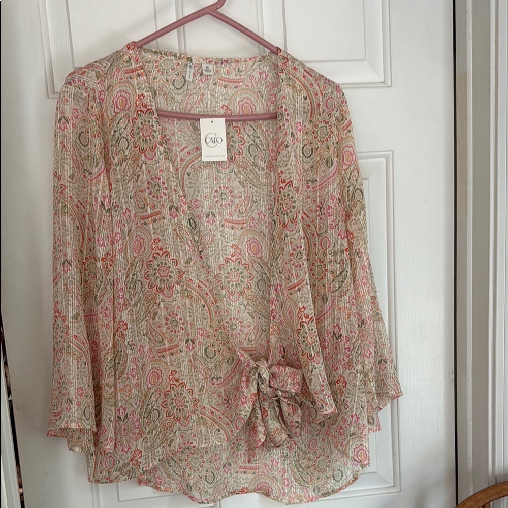 Cato Pink Paisley Tie-Front Sheer Women’s Top
